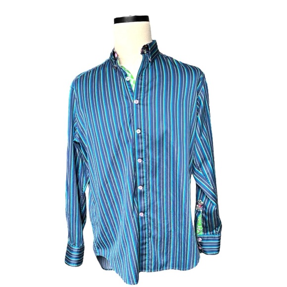 Robert Graham X collection striped Navy blue/green/yellow long sleeve shirtL